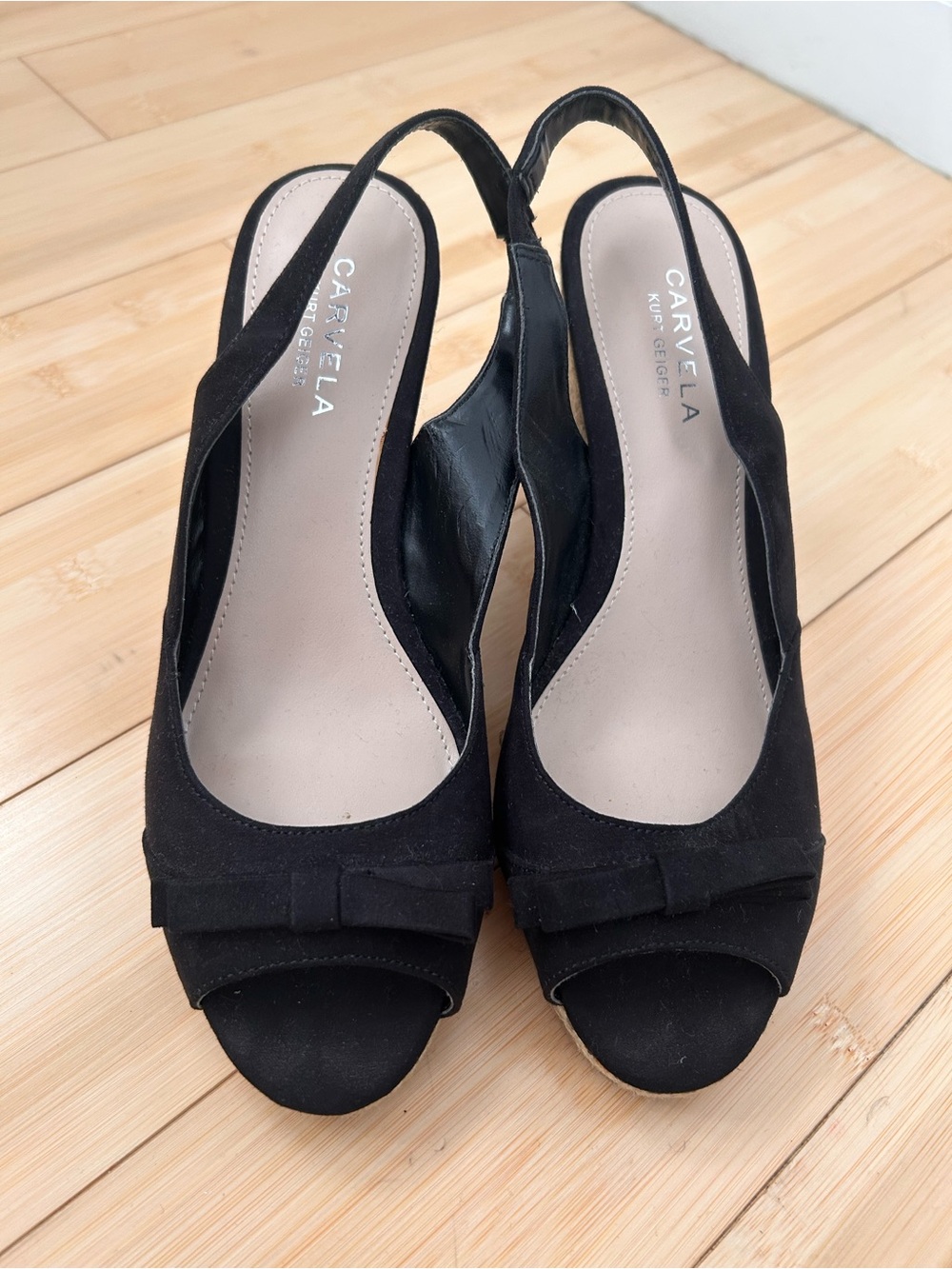 Carvela Black Suede Slingback Peep-Toe Heels with Bow Detail